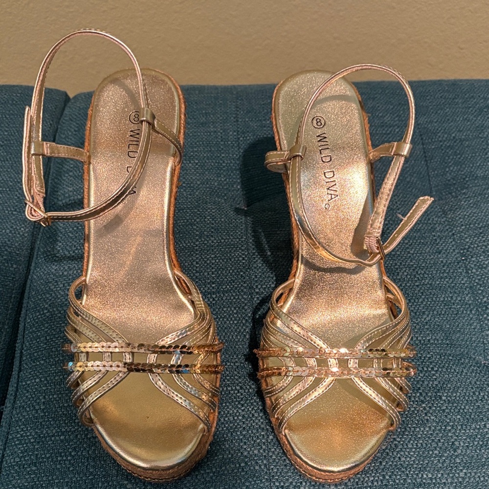 Wild Diva Metallic Gold Strappy Wedge Heels
